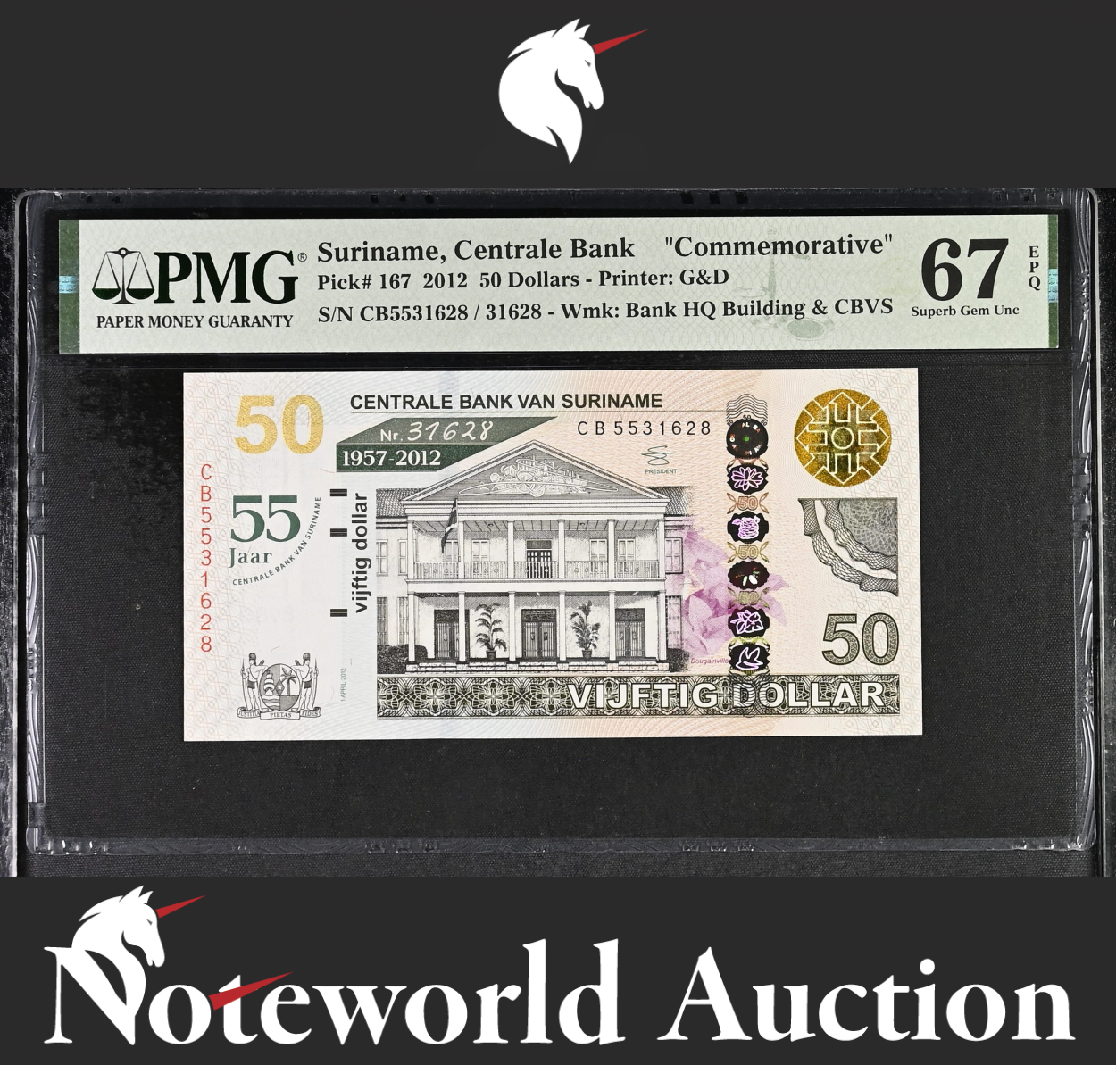Suriname Centrale Commemorative 50 Dollars 2012 P 167 W/Folder UNC PMG 67 EPQ