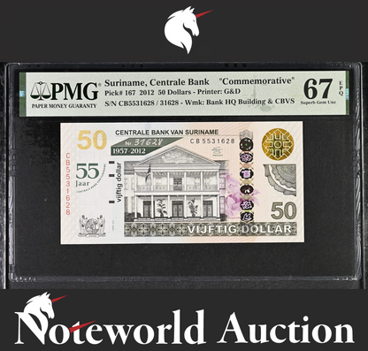 Suriname Centrale Commemorative 50 Dollars 2012 P 167 W/Folder UNC PMG 67 EPQ