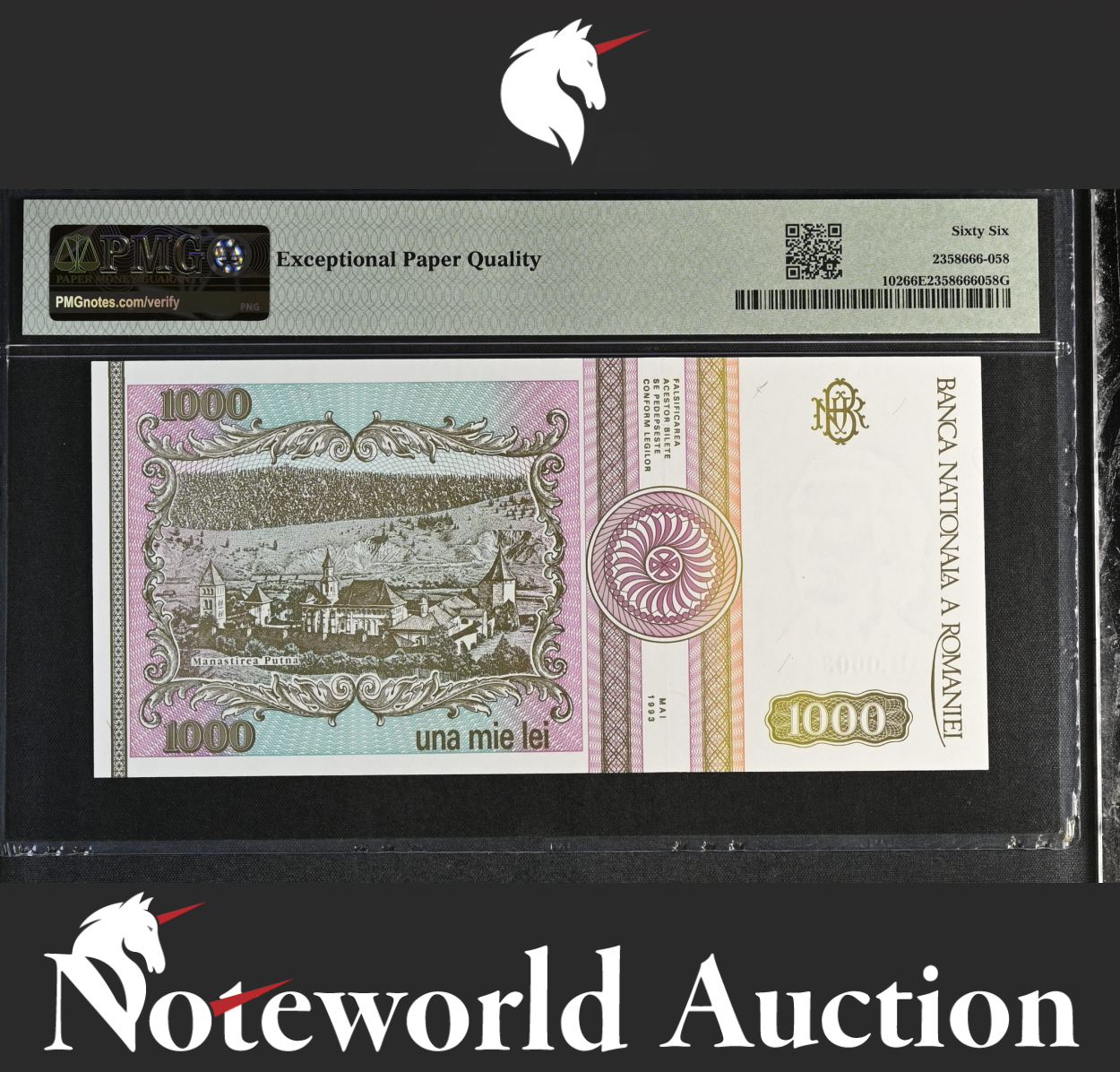 Romania Banca Nationala 1000 Lei 1993 P 102 LOW S/N 000804 UNC PMG 66 EPQ NR