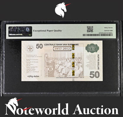 Suriname Centrale Commemorative 50 Dollars 2012 P 167 W/Folder UNC PMG 67 EPQ
