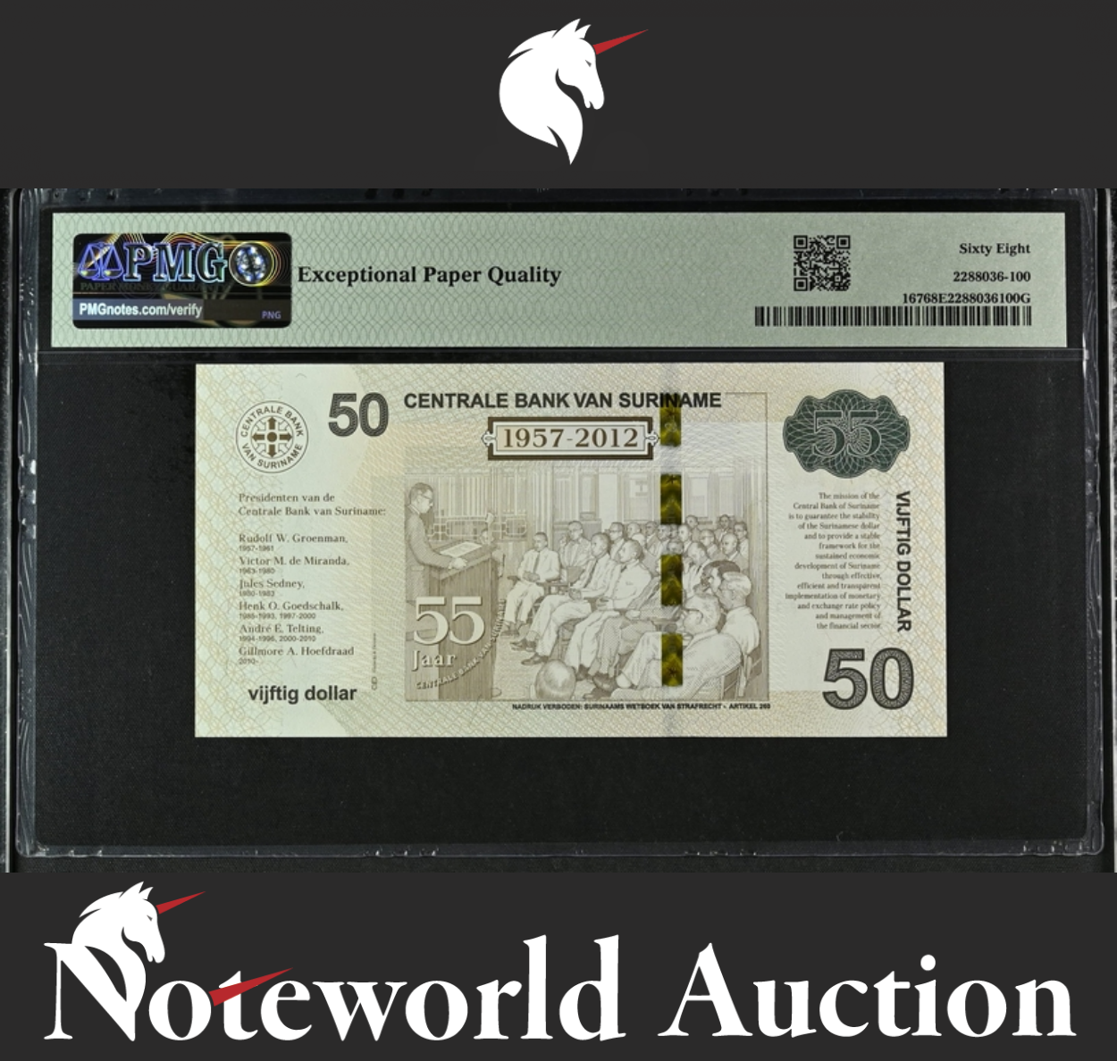Suriname Central Bank COMM. 50 Dollars 2012 P 167 UNC PMG 68 EPQ 3rd TOP POP