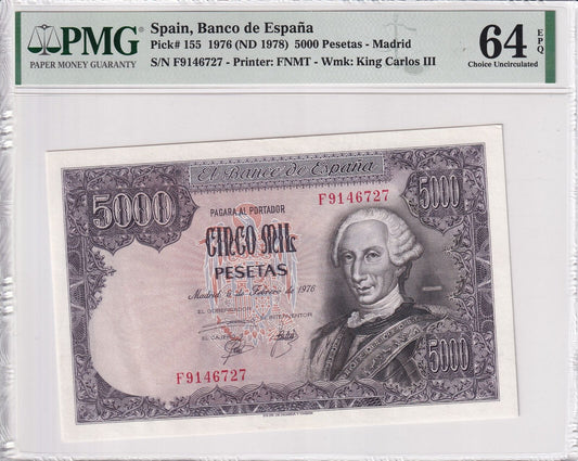 SPAIN 5000 Pesetas 1976 P 155 UNC PMG 64 EPQ