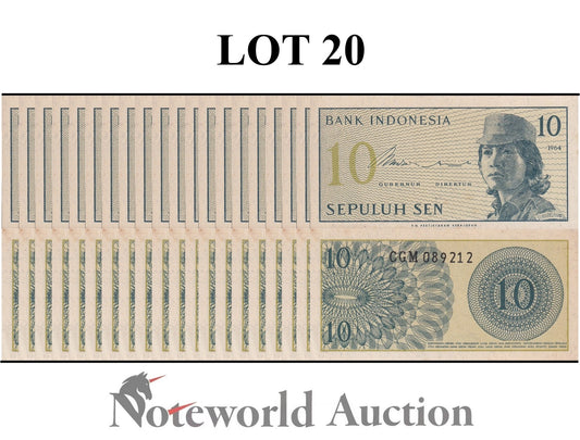 INDONESIA 10 Sen 1964 P 92 MINOR SPOT Lot 20 pcs 1/5 Bundle UNC