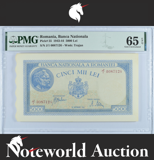 Romania Banca Nationala 5000 Lei 1943-44 P 55 UNC PMG 65 EPQ