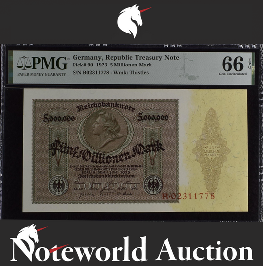 Germany Republic Treasury Note 5 Millionen 1923 P 90 UNC PMG 66 EPQ 2nd TOP POP