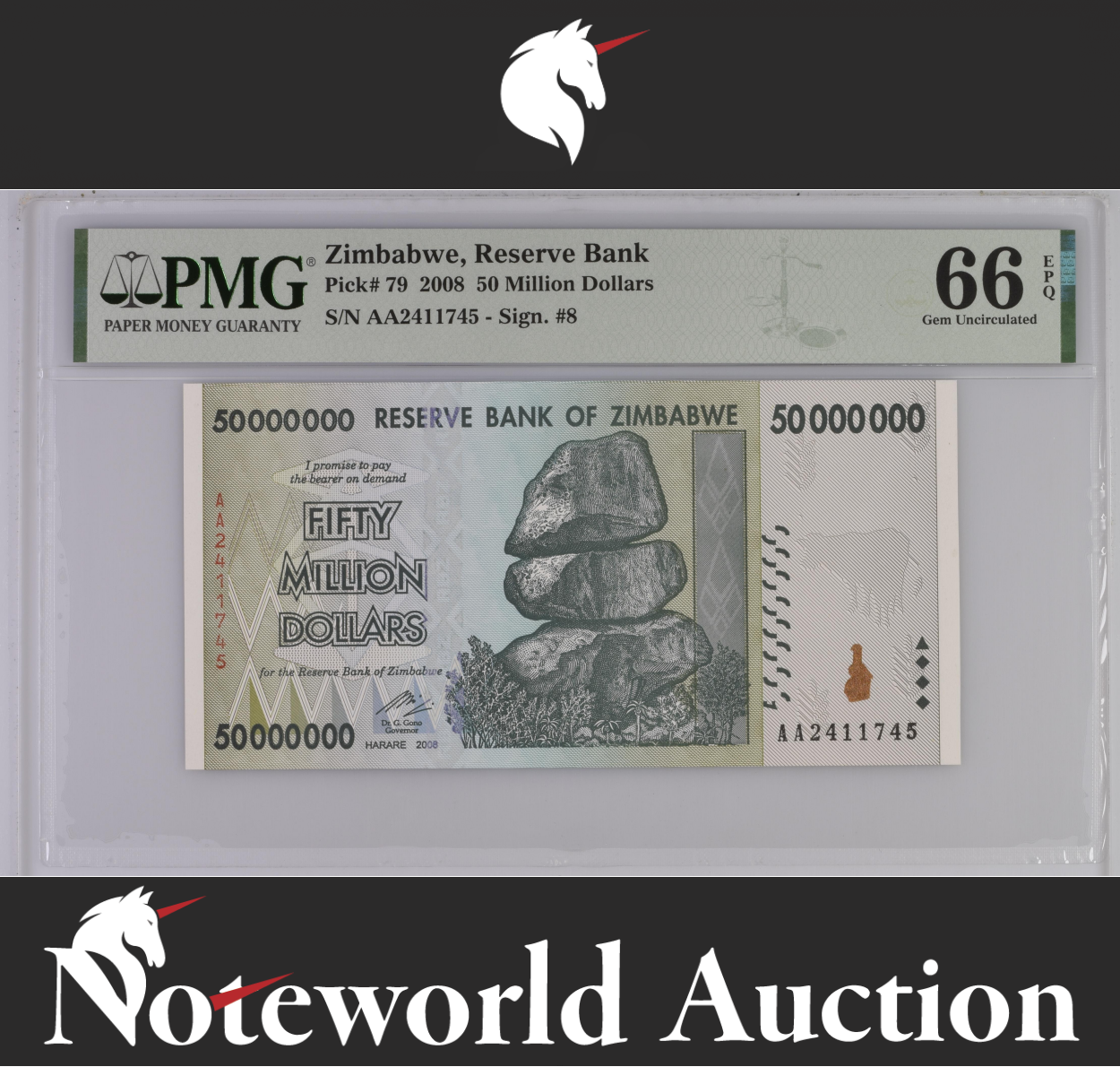 Zimbabwe 50 Million Dollars 2008 P 79 Gem UNC PMG 66 EPQ