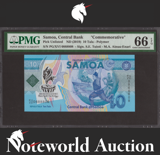 Samoa COMM. 10 Tala ND 2019 P 45 Polymer Fancy No. 0888808 UNC PMG 66 EPQ