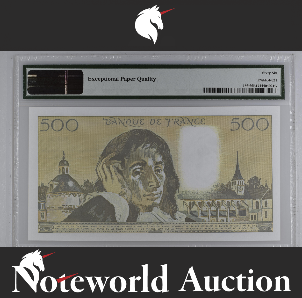 France Banque de France 500 Francs 1991 - 1993 P 156i UNC PMG 66 EPQ 2nd TOP POP