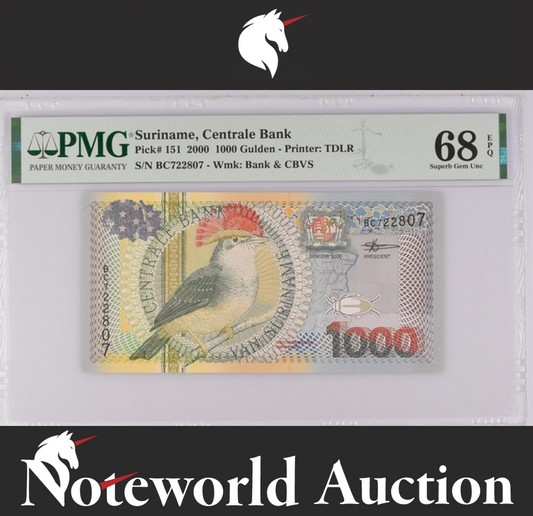Suriname Centrale Bank 1000 Gulden 2000 P 151 UNC PMG 68 EPQ 2nd TOP POP
