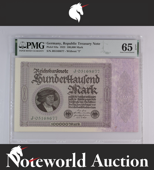 Germany Republic Treasury Note 100000 Mark 1923 P 83a UNC PMG 65 EPQ 3rd TOP POP