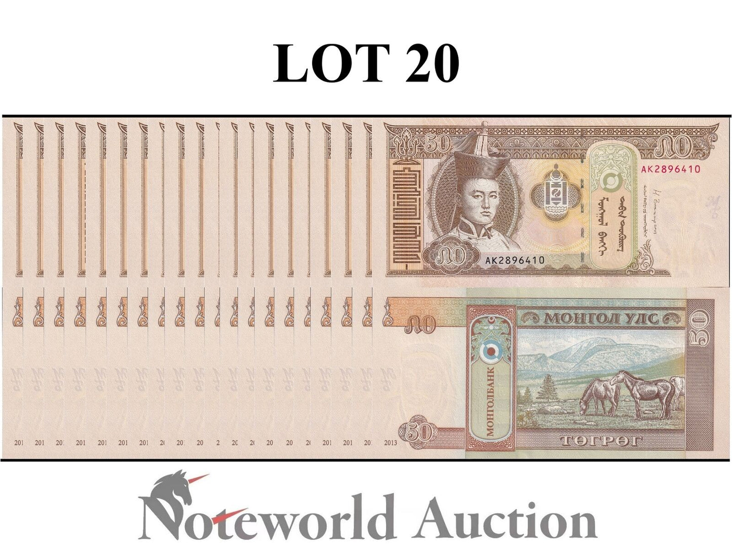 MONGOLIA Lot 20 pcs 1/5 Bundle - 50 Togrog 2013 P 64c UNC