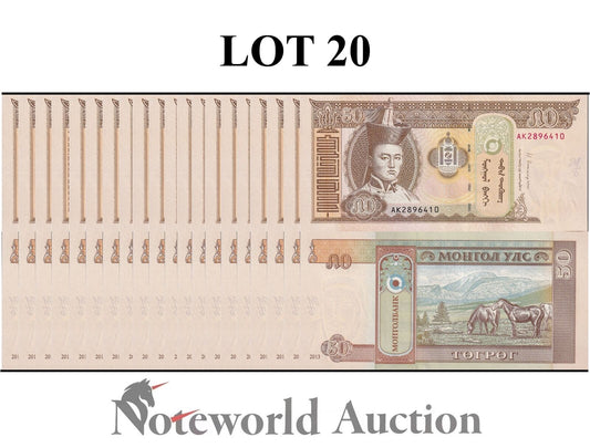 MONGOLIA Lot 20 pcs 1/5 Bundle - 50 Togrog 2013 P 64c UNC