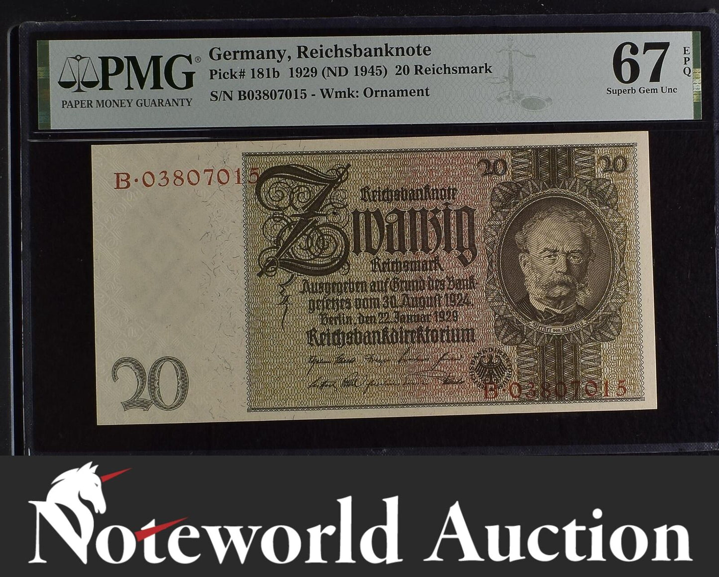 GERMANY Reichsbanknote 20 Reichsmark 1929 ND 1945 P 181b TOP POP UNC PMG 67 EPQ