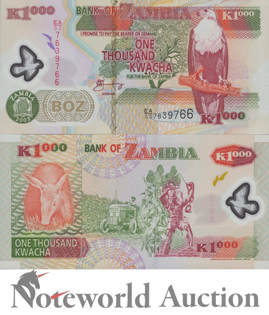 ZAMBIA 1000 Kwacha 2003 P 44b Polymer UNC