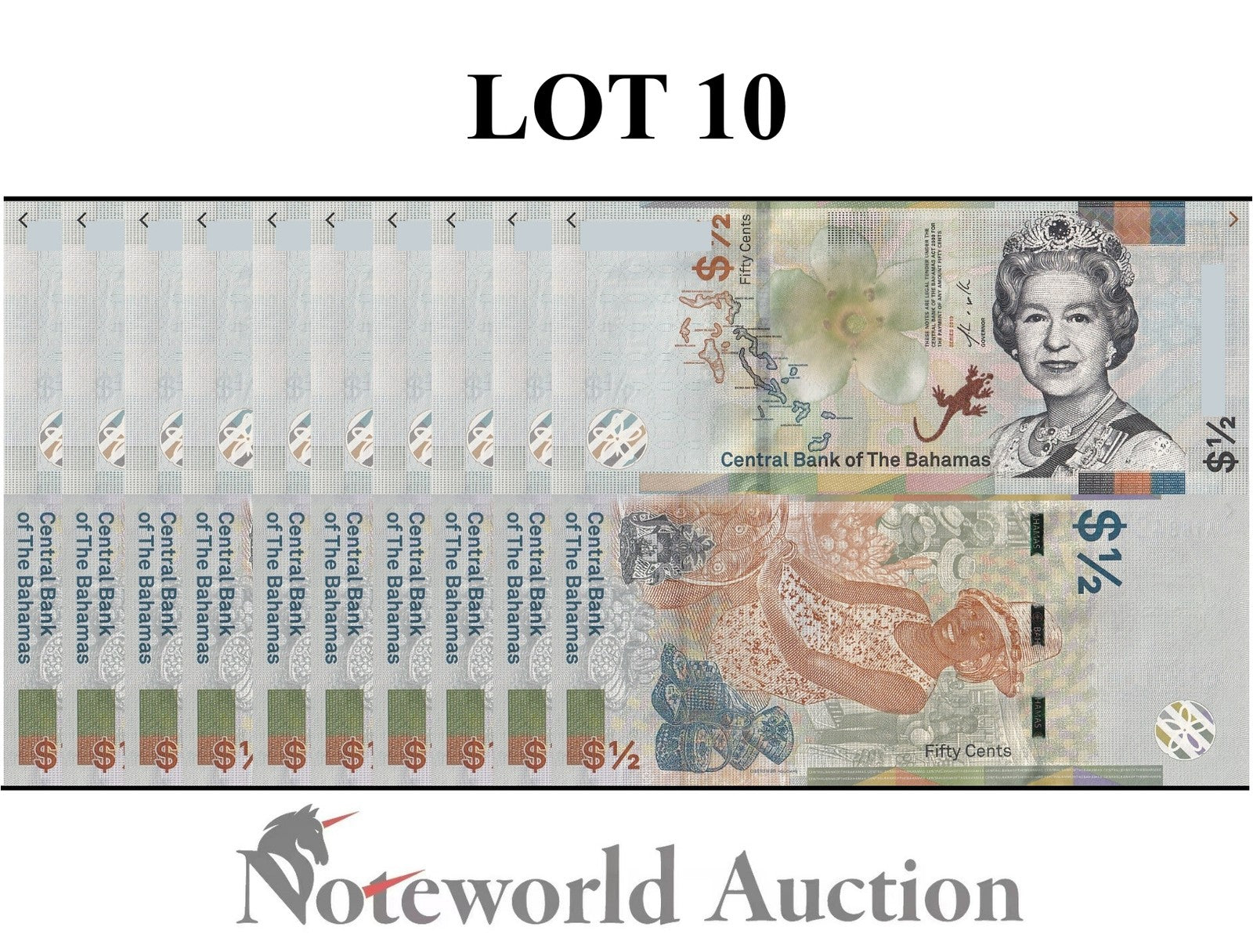BAHAMAS Dollar 2019 P A77 QEII Lot 10 pcs 1/10 Bundle 1/2 UNC