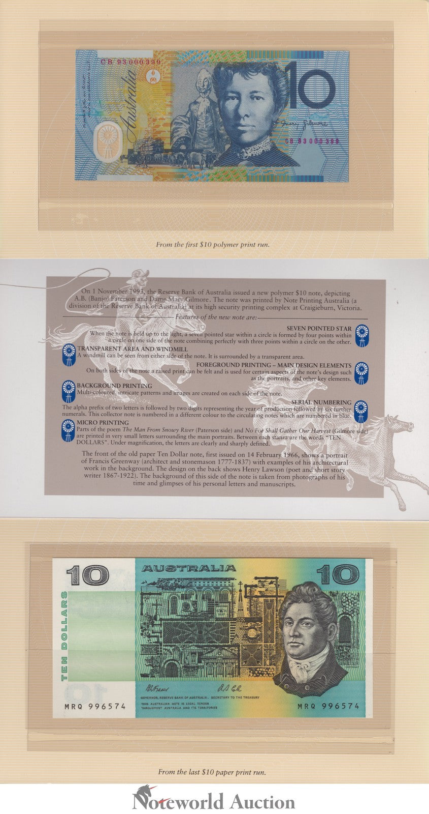AUSTRALIA 10 Dollars 1991 1993 P 45g 52a Paper Polymer With Folder Set 2 pcs UNC