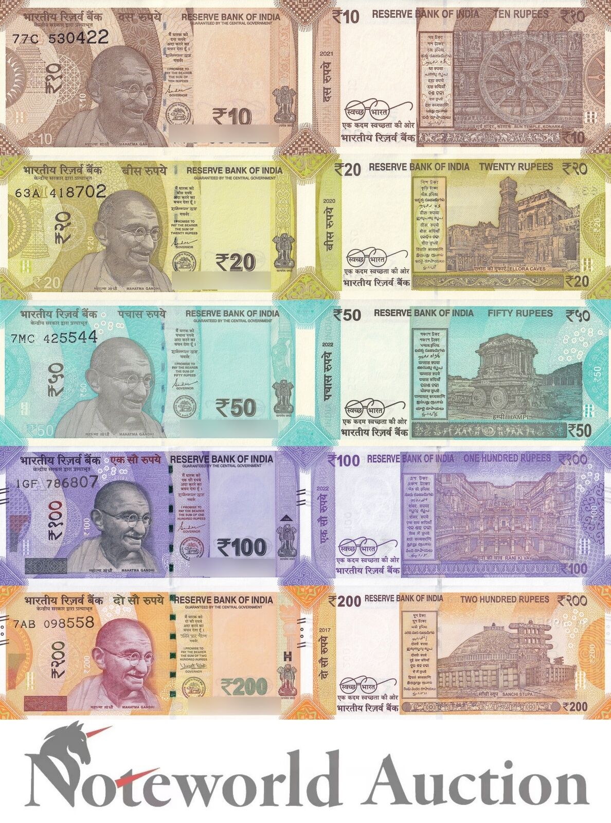 INDIA Set 5 pcs - 10 20 50 100 200 Rupees 2017-2022 P 109-113 Random Year UNC