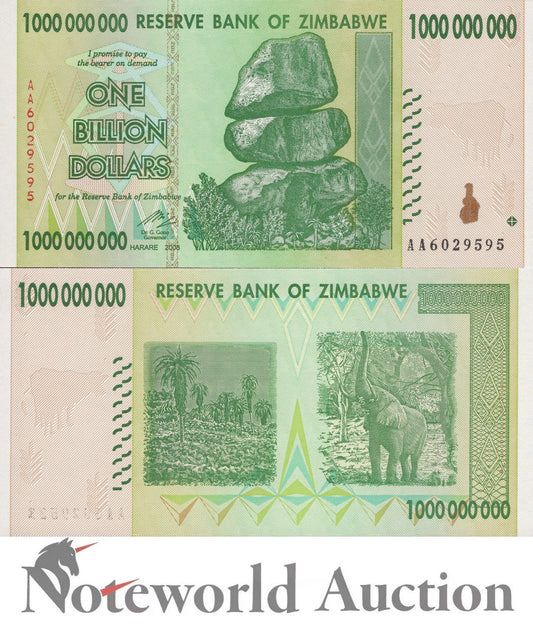 ZIMBABWE 1000000000 Dollars 2008 P 83 First Prefix AA UNC