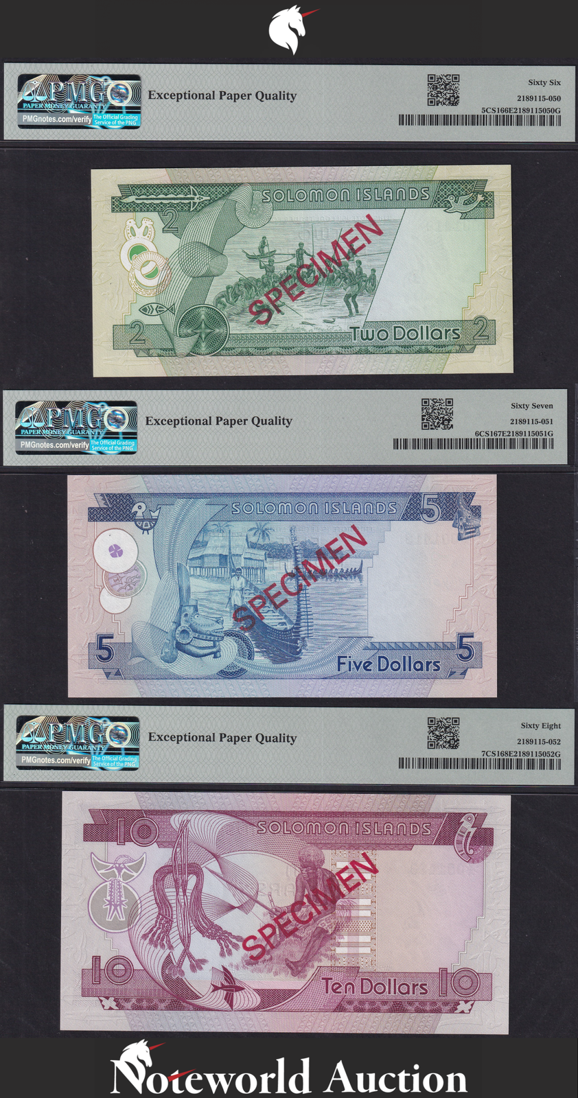 Solomon Islands Set 3 pcs - 2 5 10 1979 P 5 6 7CS1 SPECIMEN UNC PMG 66 67 68 EPQ