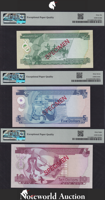Solomon Islands Set 3 pcs - 2 5 10 1979 P 5 6 7CS1 SPECIMEN UNC PMG 66 67 68 EPQ
