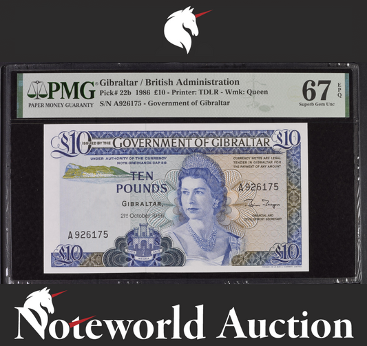 Gibraltar British Administration £10 1986 P 22b UNC PMG 67 EPQ