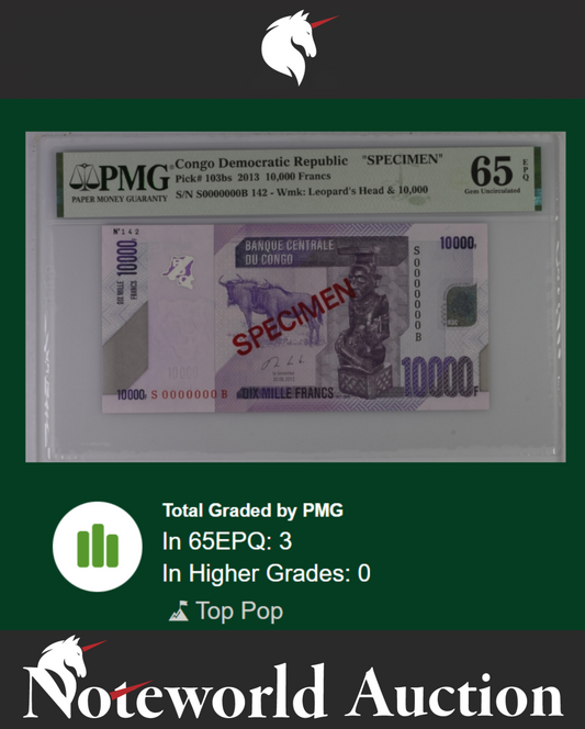 Congo Democratic Republic SPECIMEN 10000 2013 P 103bs UNC PMG 65 EPQ TOP POP