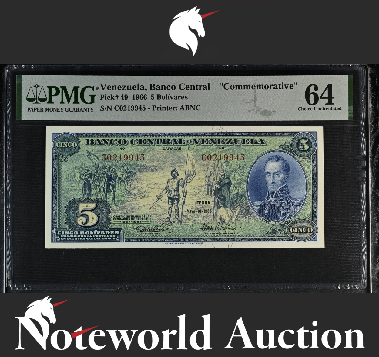 Venezuela Banco Central Commemorative 5 Bolívares 1966 P 49 UNC PMG 64