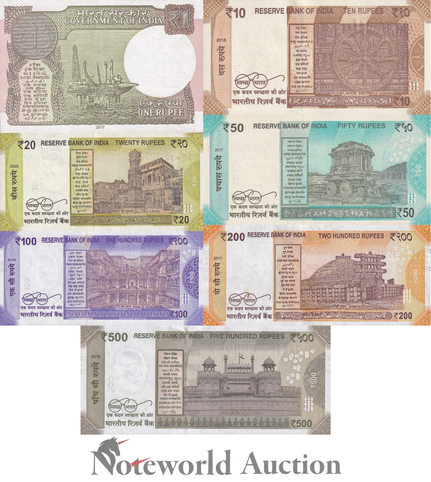 INDIA Set 7 p - 1 10-500 Rupees 2017-2020 P 109 110-114  117c Replacement UNC