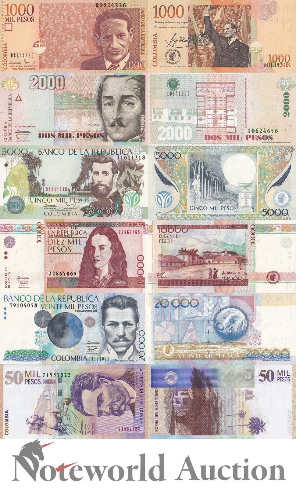 COLOMBIA Set 6p - 1000 -5000 Pesos 2010-2015 P 456t 457y 452p 453 454w 455 UNC