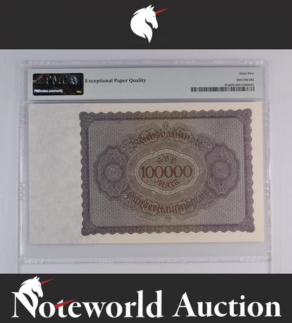 Germany Republic Treasury Note 100000 Mark 1923 P 83a UNC PMG 65 EPQ 3rd TOP POP
