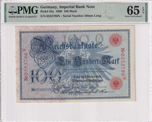 GERMANY IMPERIAL BANK 100 Mark 1908 P 33a UNC PMG 65 EPQ