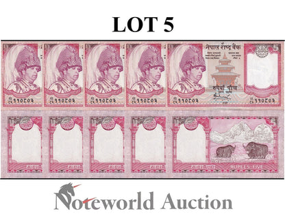 NEPAL Lot 5 pcs 1/20 Bundle - 5 Rupees ND 2005-2006 P 53 UNC