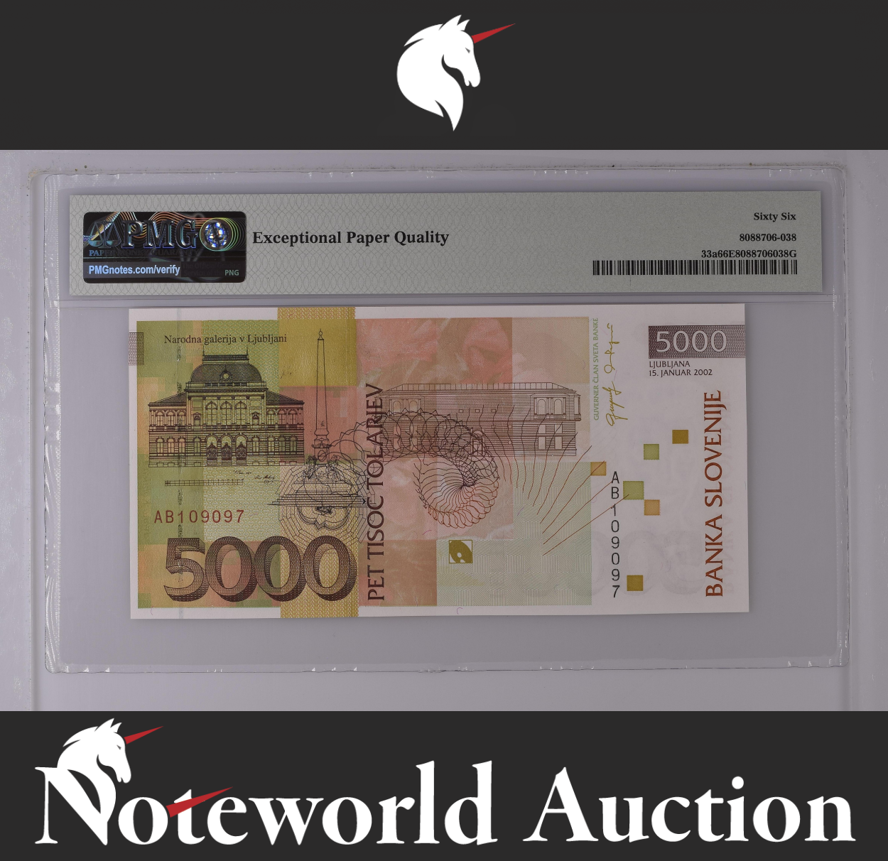 Slovenia Banka Slovenije 5000 Tolarjev 2002 P 33a UNC PMG 66 EPQ NR 3rd TOP POP