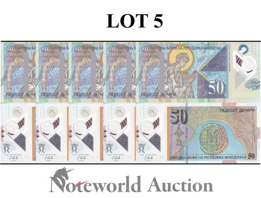NORTH MACEDONIA 50 Denari 2018 P 26 Polymer  Lot 5 pcs 1/20 Bundle UNC
