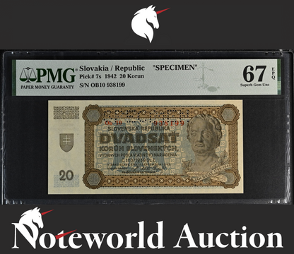 Slovakia Republic 20 Korun 1942 P 7s SPECIMEN UNC PMG 67 EPQ TOP POP