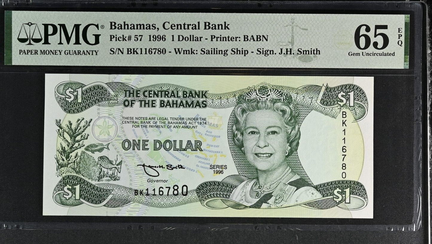 BAHAMAS 1 Dollar 1996 P 57 UNC PMG 65 EPQ