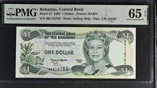 BAHAMAS 1 Dollar 1996 P 57 UNC PMG 65 EPQ