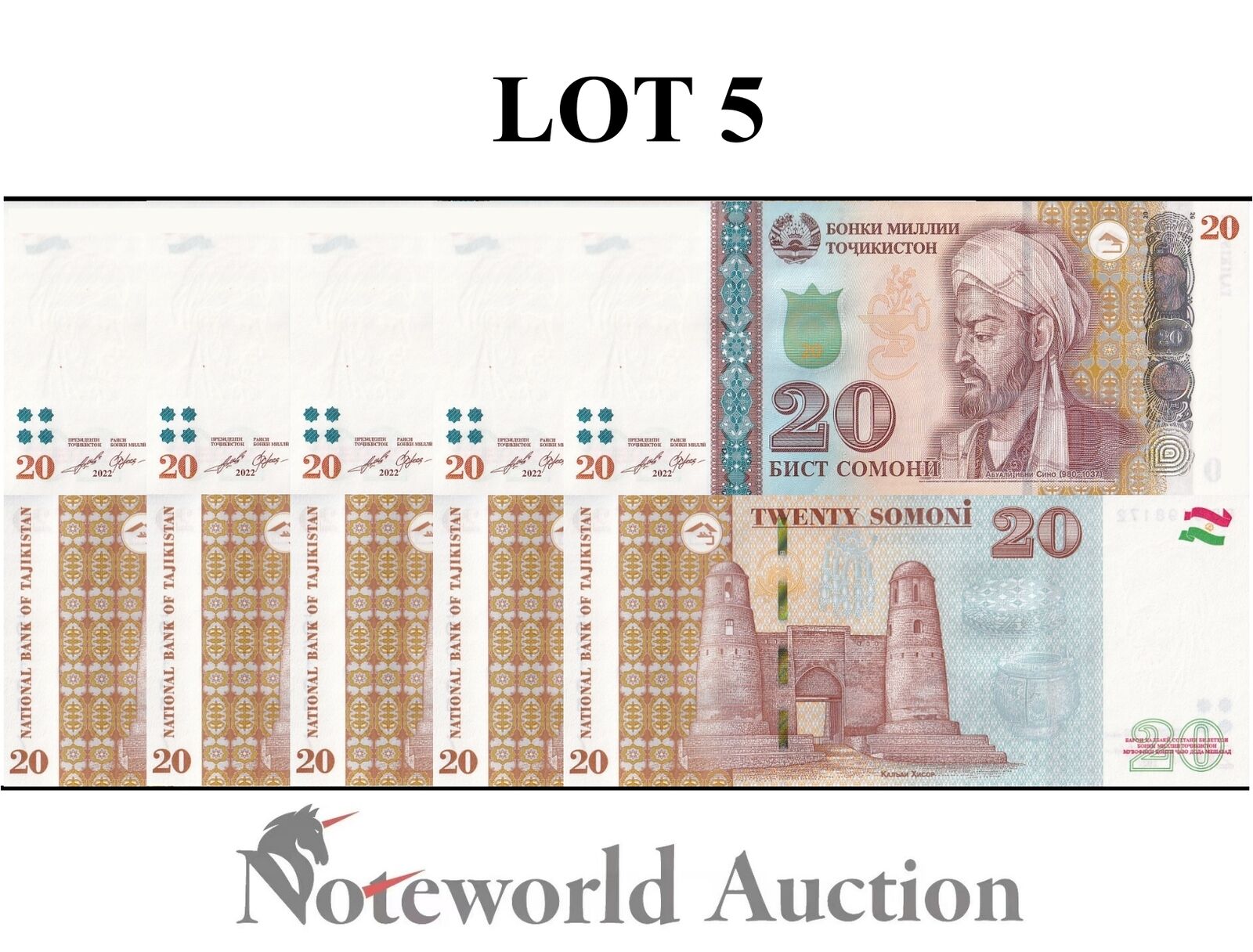 TAJIKISTAN Lot 5 pcs 1/20 Bundle - 20 Somoni 2022 / 2023 P 25 UNC