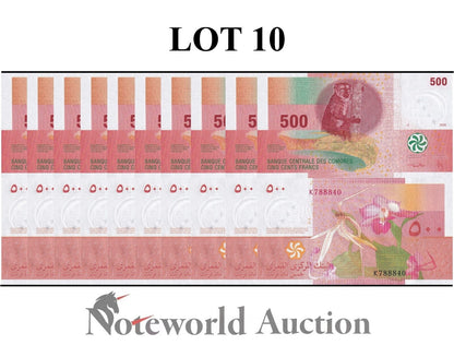 COMOROS Lot 10 pcs 1/10 Bundle - 500 Francs 2006 P 15b UNC