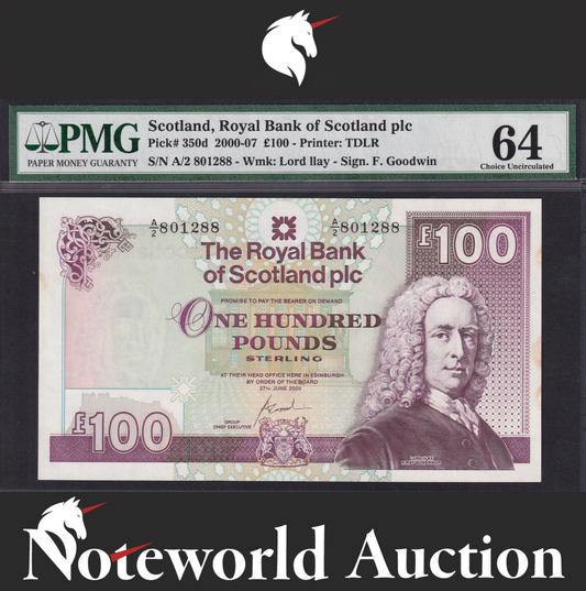 Scotland Royal Bank of Scotland plc 100 Pounds 2000-07 P 350d Foxing UNC PMG 64