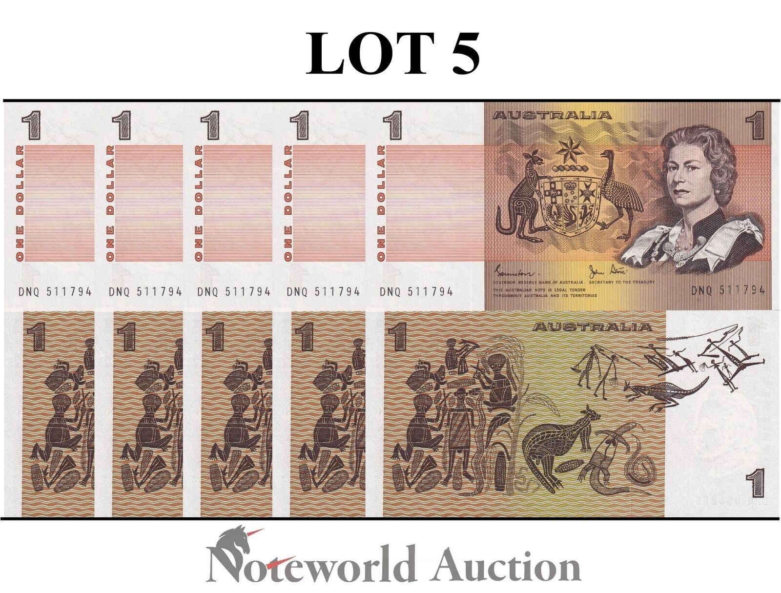 AUSTRALIA Lot 5 pcs 1/20 Bundle - 1 Dollars 1974-1983 P 42 QEll Random Sign UNC