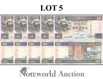 HONG KONG HSBC Lot 5 pcs 1/20 Bundle - 20 Dollars 2001 P 201d MINOR FOXING UNC