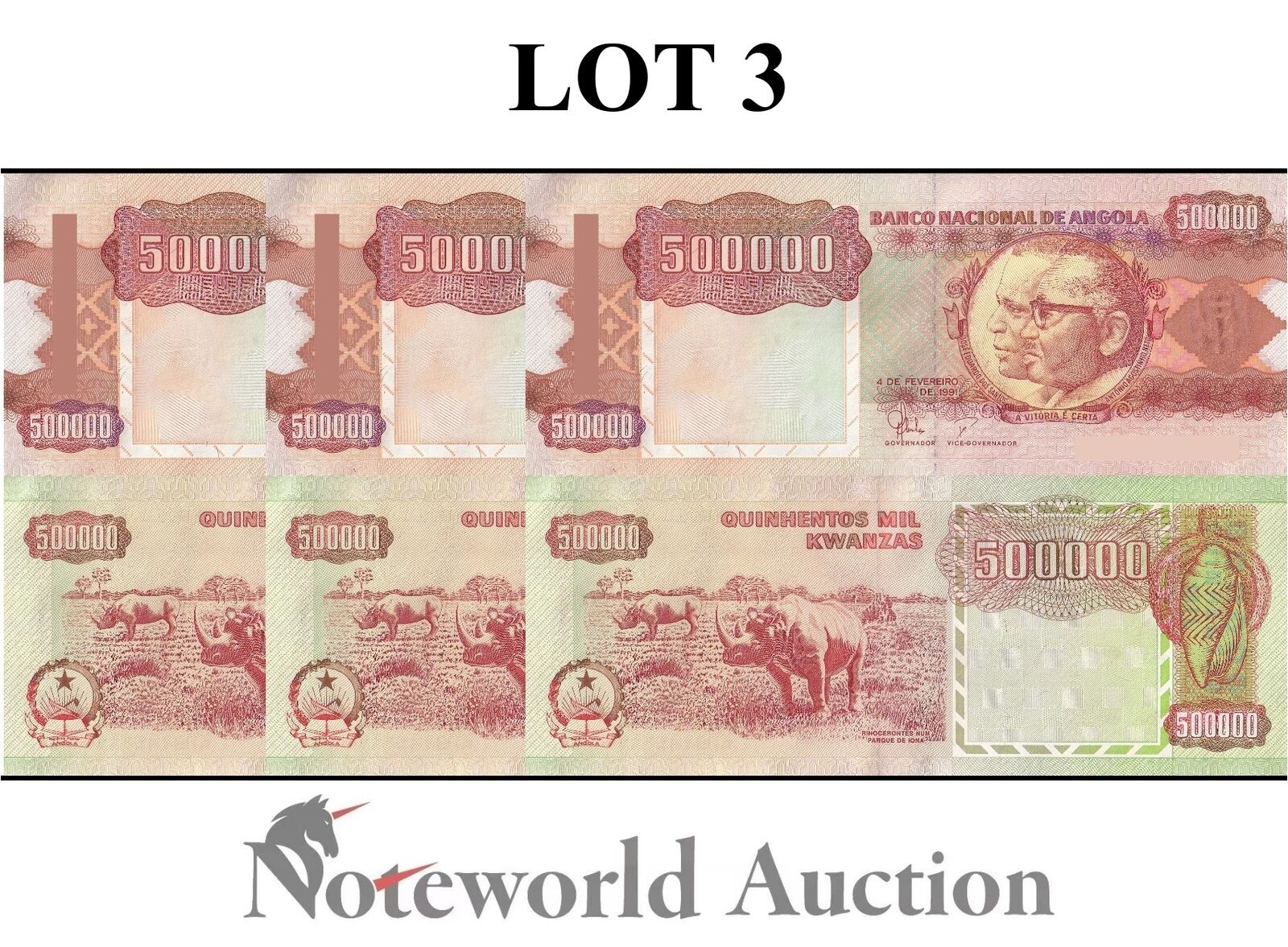 ANGOLA Lot 3 pcs - 500000 Kwanzas 1991 P 134 Rhino UNC