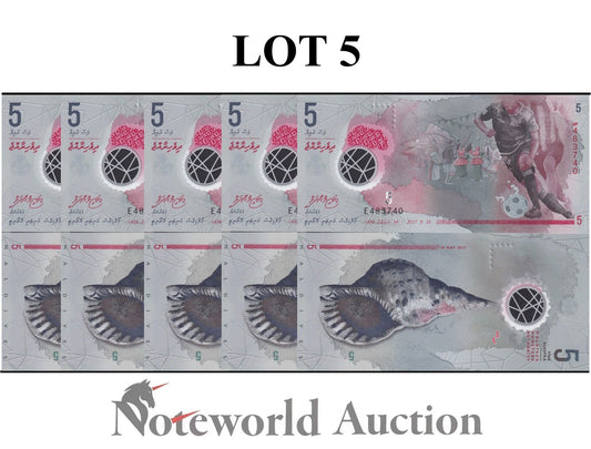 MALDIVES 5 Rufiyaa 2017 P A26 Polymer Lot 5 pcs 1/20 Bundle UNC