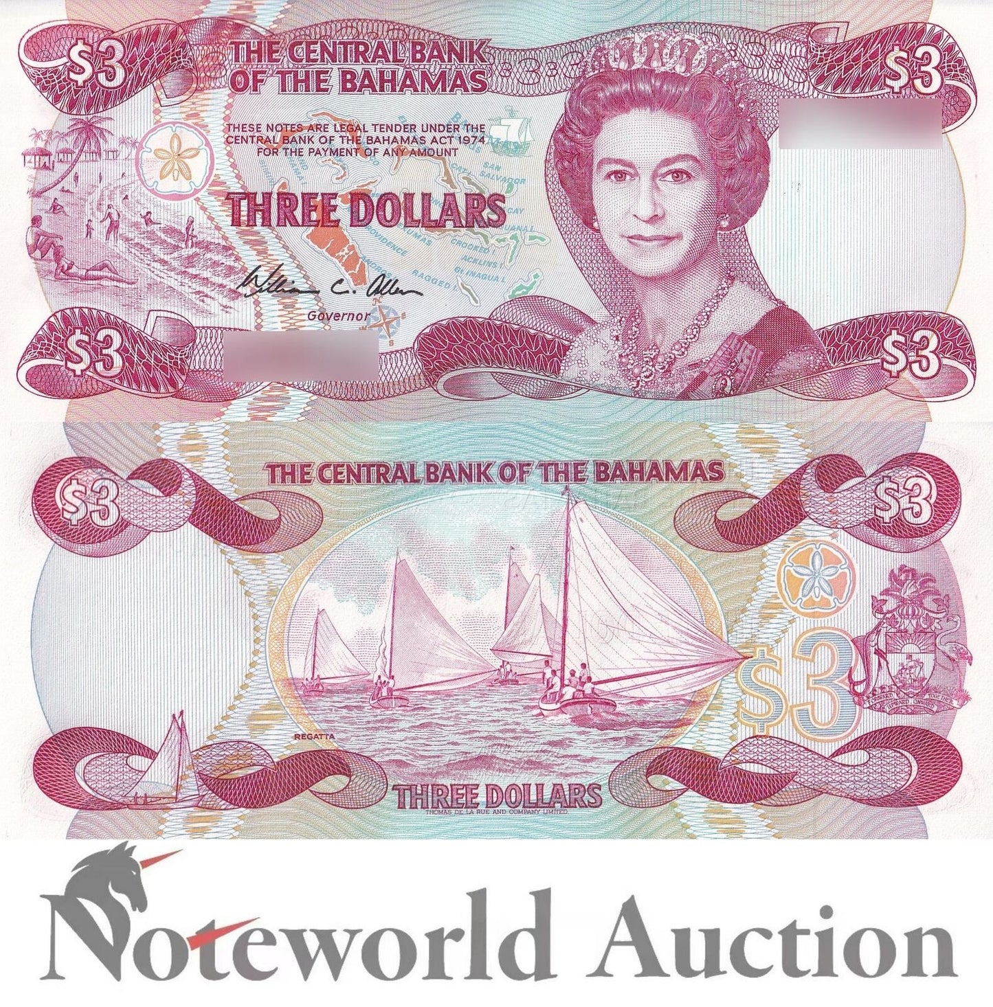 BAHAMAS 3 dollars 1974 (1984) P 44 Queen Elizabeth II UNC