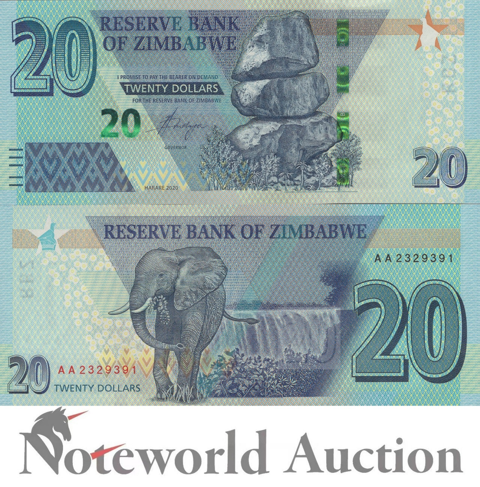 ZIMBABWE Lot 10 pcs 1/10 Bundle - 20 Dollars 2020 P 104 UNC