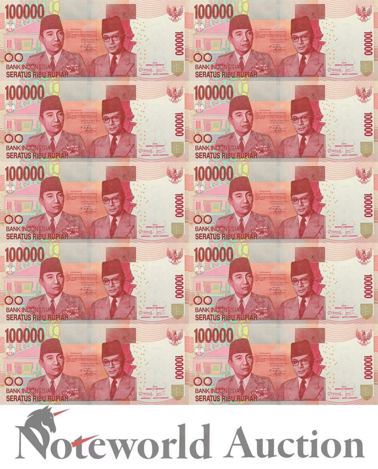 INDONESIA Set 10 - 100000 2012 P 153b MINOR FOXING Same Prefix LOW S/N 1-10 UNC