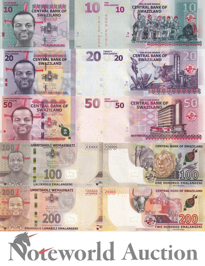 SWAZILAND ESWATINI Set 5 p - 10 20 50-200 Emalangeni 2010 2015 2017 P 37-43 UNC