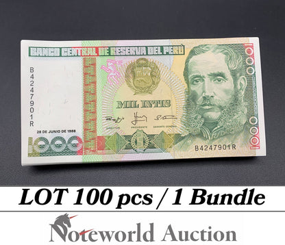 PERU Lot 100 pcs Bundle - 1000 Intis 1988 P 136b UNC