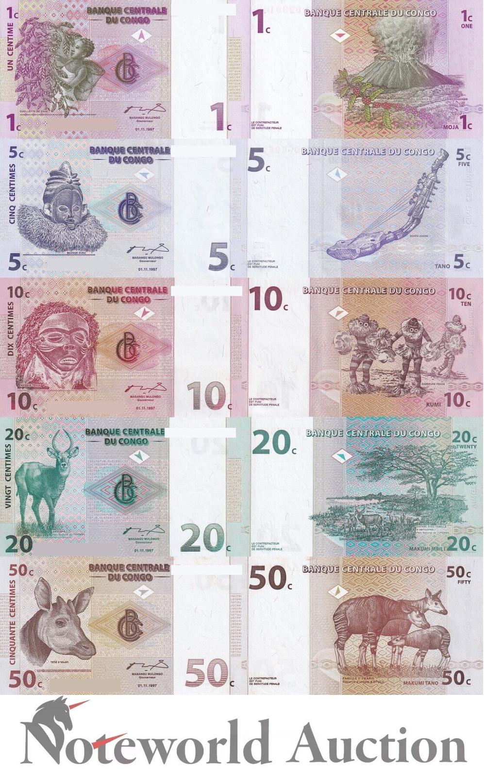 CONGO DEMOCRATIC REPUBLIC Set 5 - 1 5 10 20 50 Cents 1997 P 80 81 82 83 84 UNC